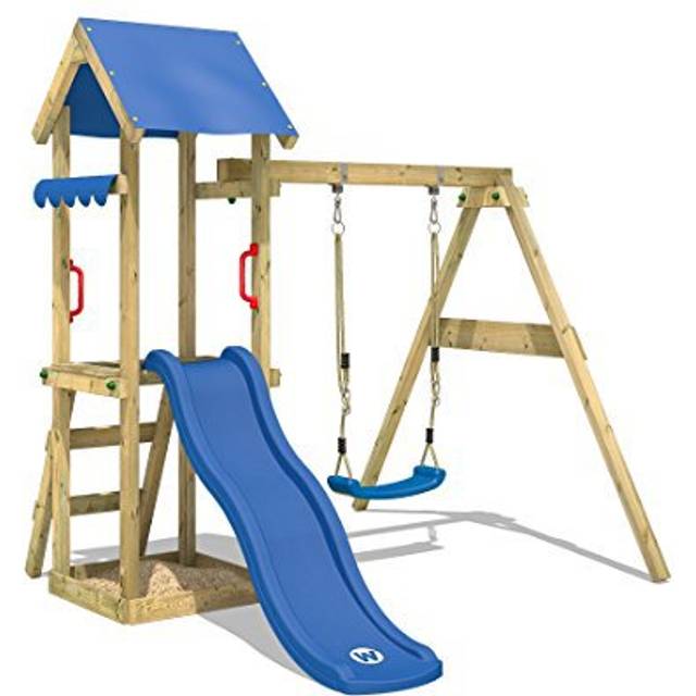 Wickey - Wooden climbing frame TinyWave with swing set and slide, Garden playhouse with sandpit, climbing ladder & play-accessories - blue