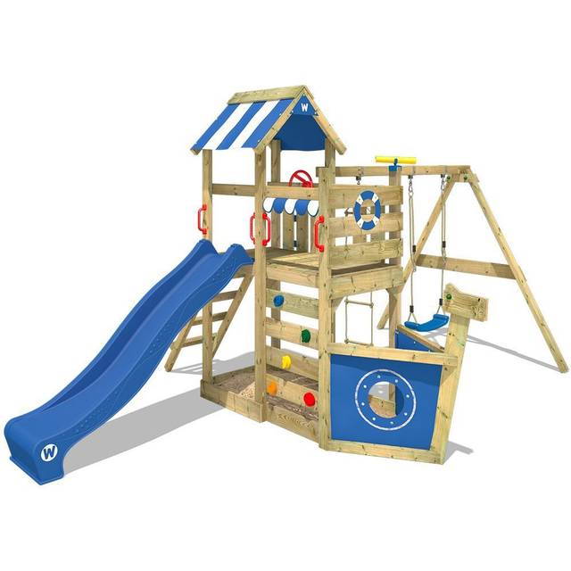 Wickey Wooden climbing frame SeaFlyer with swing set and slide, Playhouse on stilts for kids with sandpit, climbing ladder & play-accessories - red