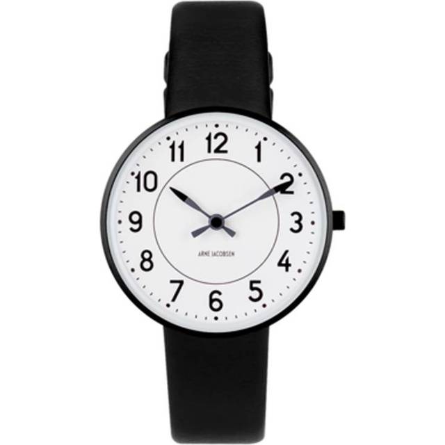 Arne Jacobsen Station Watch armbåndsur, ø34mm sort krans med sort rem