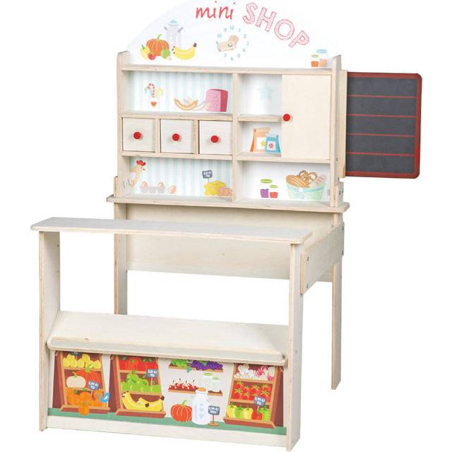 Roba Butik "Minishop", barns varumansbutik, naturligt trä, försäljningsställ med disk, tavla, skjutdörr och markstmonter tryck