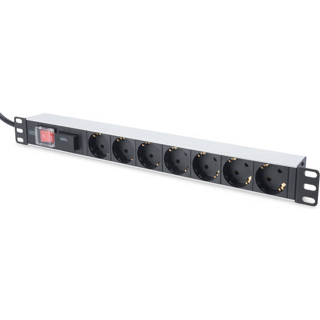 DIGITUS aluminum outlet strip with switch, 7 safety outlets, 2 m supply with surge protection (DN-95407)