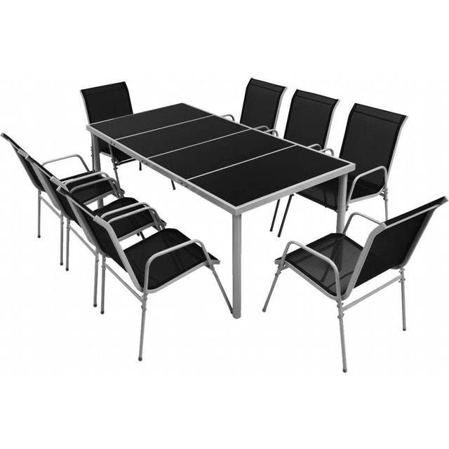 vidaXL Outdoor Dining Set 9 Pieces Black Glass Tabletop Stackable Chairs Patio