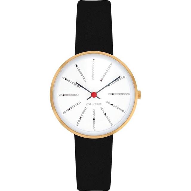 Arne Jacobsen Bankers armbåndsur, forgyldt Ø30mm med sort rem