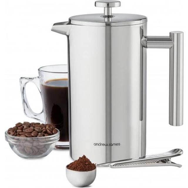 andrew james Double Walled Stainless Steel Cafetiere Gift Set With Coffee Measuring Spoon And Bag Sealing Clip | Delicious French Press Coffee | Easy