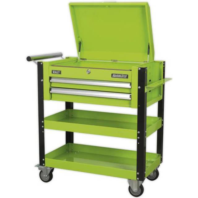 Sealey Heavy Duty Mobile Tool & Parts Trolley 2 Drawers & Lockable Top - Hi-vis - Hi-vis Green
