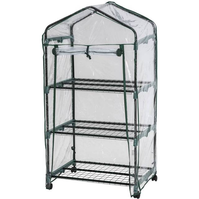 Greenhouse - with wheels, 3 shelves, tarpaulin cover, 69 x 49 x 133 cm - transparent
