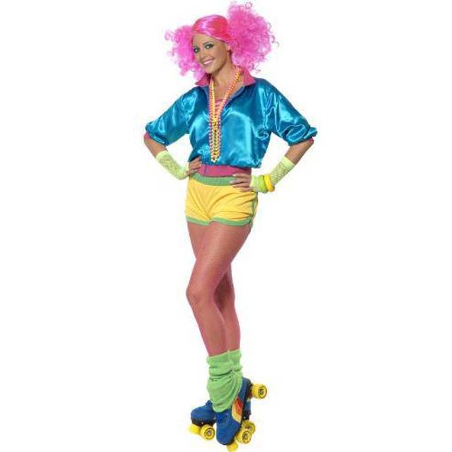 Neon Skater Girl Fancy Dress Costume. -  skater girl costume fancy dress ladies roller disco outfit 1980s womens neon
