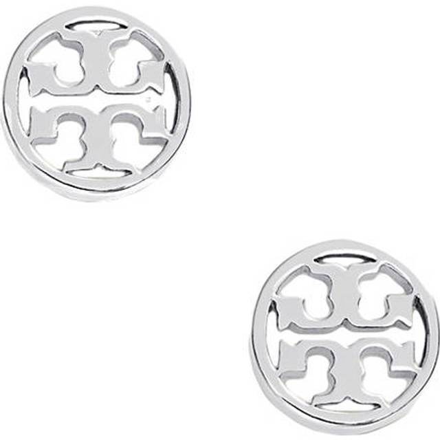 Tory Burch, Earrings, female, Gray, ONE SIZE, Monogram Logo Stud Earrings Silver Brass