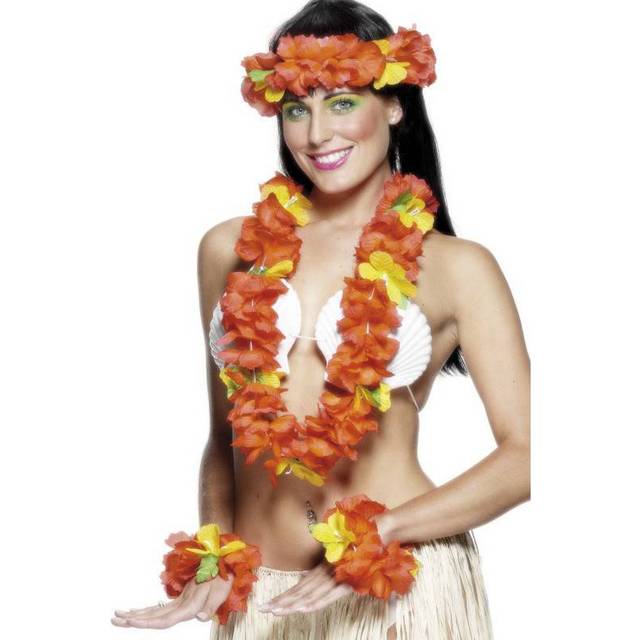 Smiffy's Hawaiian Set With Garland Headband And Wristband - Red - Fancy Dress -  hawaiian set red fancy dress kit costume accessory