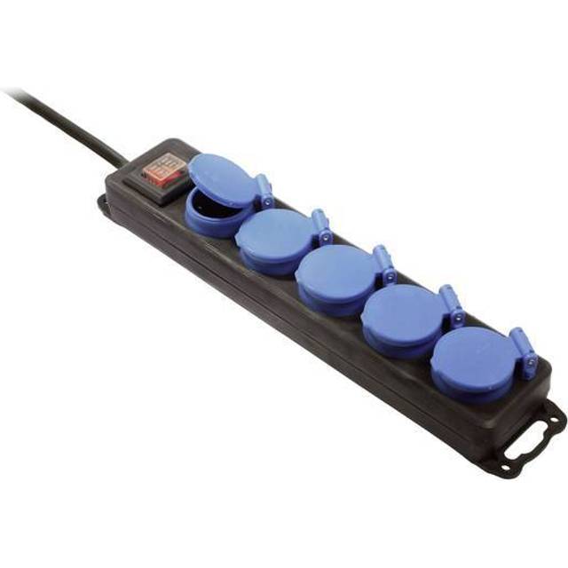 as - Schwabe 5-fach Verteilersteckdosenleiste mit Schalter, Schutzkontaktsteckdosen im Mehrfachstecker mit 4,5 m Gummischlauchleitung & Sicherheitsklappdeckel, 230V, 16A, IP44, Schwarz, 38605