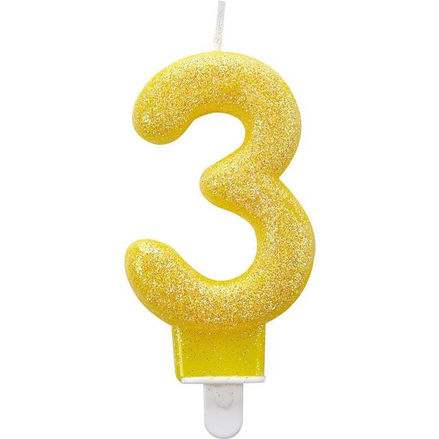 Glitter Birthday Candle Number 3 Yellow 7.6cm -