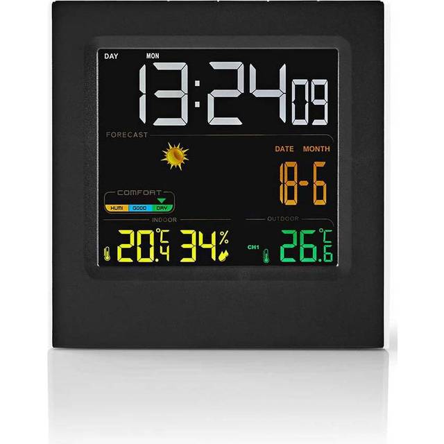 Nedis trådlös väderstation med sensor, färgdisplay och väckarklocka, svart/vit