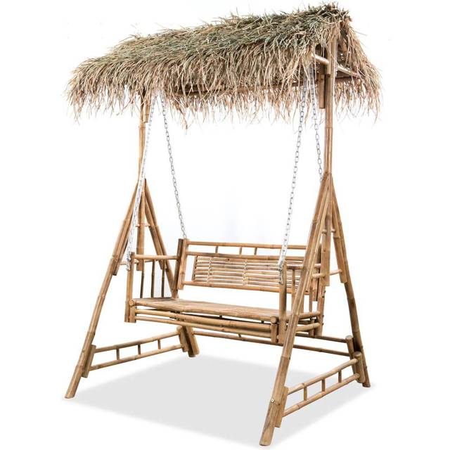 vidaXL 2-Seater Swing Bench with Palm Leaves Bamboo 202 cm - Brown