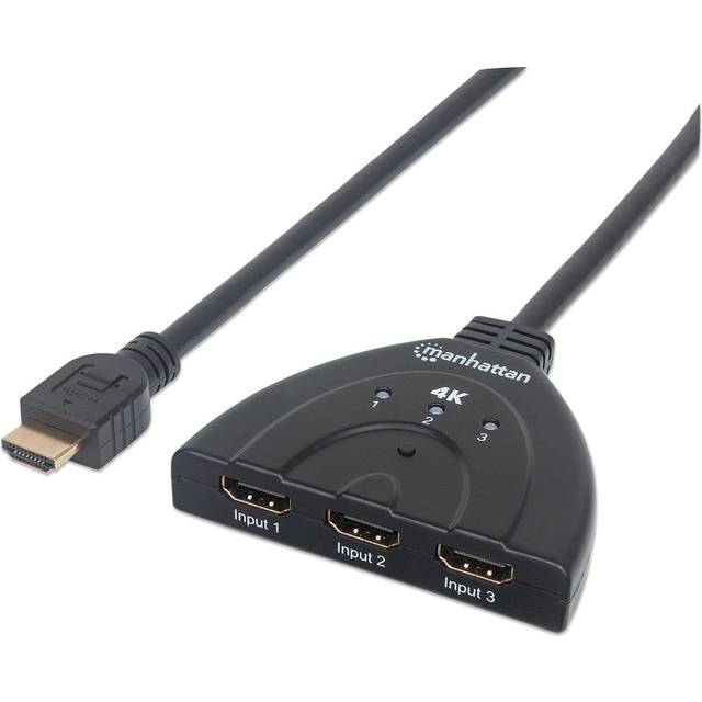 Manhattan HDMI Switch 3-Port 4K@60Hz Connects x3 HDMI sources to x1 display Manual Switching (via button) Integrated Cable (58cm) No external power required Black Three Year Warranty