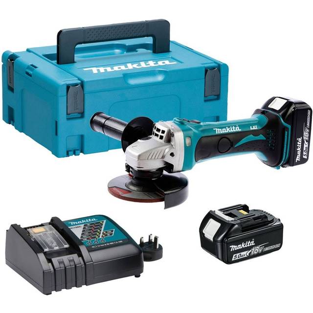 DGA452RTJ Cordless 18V lxt 115mm Angle Grinder With 2x5Ah Batteries, Charger And makpac 3 Set - Makita