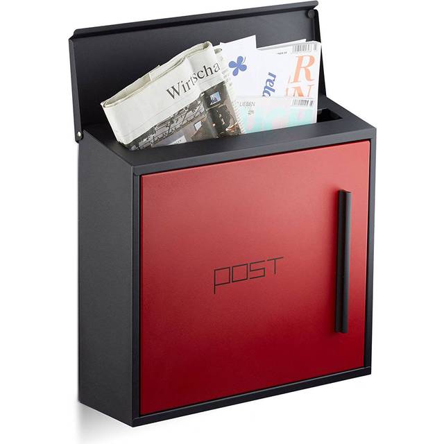 Relaxdays - Modern Red Letterbox in 2-Colour Design, DIN-A4 Slot, Steel, Large, HxWxD: 33 x 35 x 12.5 cm, Black-Red