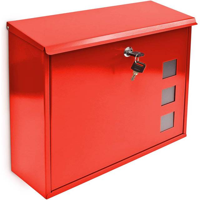 Relaxdays - Letter Box, Decorative Flap Window, 2 Keys, Mounting Material, 33 x 34.5 x 10.5 cm, Metal, Mailbox, Red
