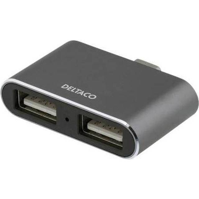 DELTACO USB-C mini hubb, 2x USB-A 2,0, 480 Mbps, 0,5A, rymdgrå