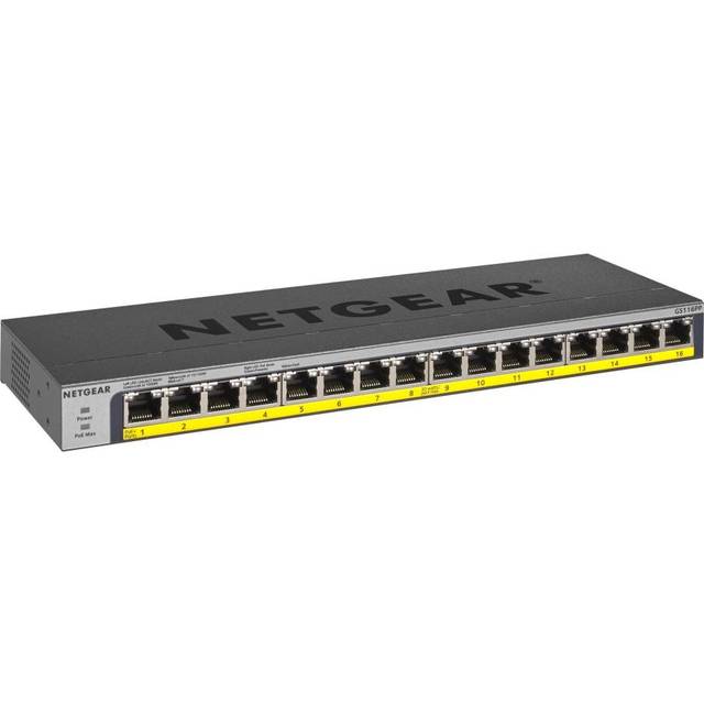 NETGEAR GS116PP 16-portars Gigabit Ethernet PoE nätverksbrytare | 16 x PoE+ 183W, skrivbord/rackmontering med ProSAFE Livstidsgaranti