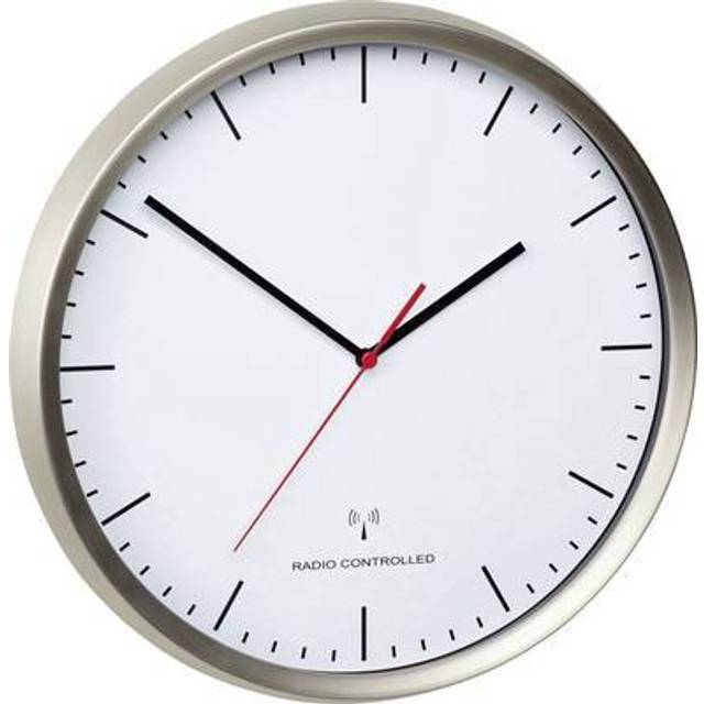 TFA Dostmann Analog trådlös väggklocka, 60,3521.02, ram av rostfritt stål, tyst urverk, högsta noggrannhet, silver, L 305 x B 48 x H 305 mm