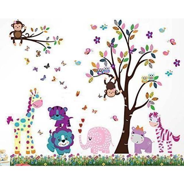 Walplus Wall Stickers Happy Animals Tree Butterfly Grass Removable Self-Adhesive Mural Art Decals Vinyl Home Decoration DIY Living Bedroom Office...