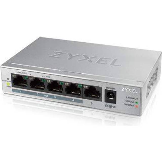 Zyxel 5-Portars Gigabit Unmanaged Switch, 4 st PoE+-portar med en total effektbudget på 60 watt, Livstidsgaranti [GS1005HP]