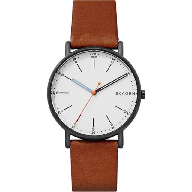 Skagen Mens Signatur Stainless Steel White Dial Brown Leather Strap Watch SKW6374