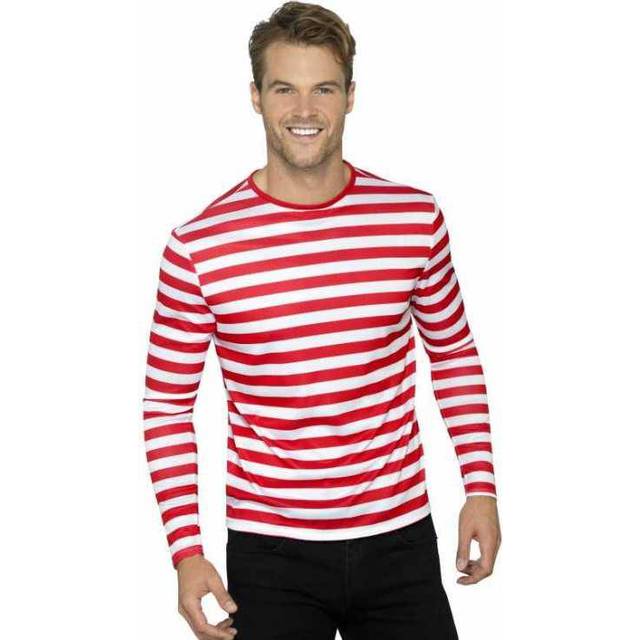 Red & White Striped Long Sleeved T-shirt - Fancy Dress Costume Tshirt Mens -  fancy dress costume red tshirt mens adults white stripey wheres wally