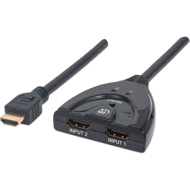 Manhattan HDMI Switch 2-Port 1080p Connects x2 HDMI sources to x1 display Manual Switching (via button) Integrated Cable (50cm) No external power required Black Three Year Warranty