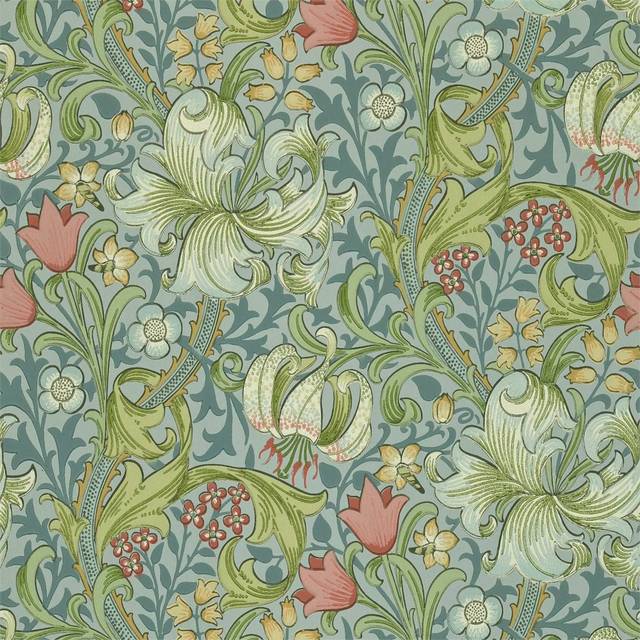 Morris & Co Honeysuckle Green Coral Pink tapet