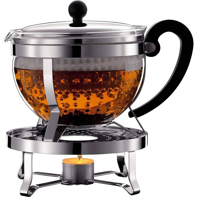 Bodum K11143-16 Chambord Set, tea maker with plastic filter 1.3L, with Rechaud Shiny - silver/black