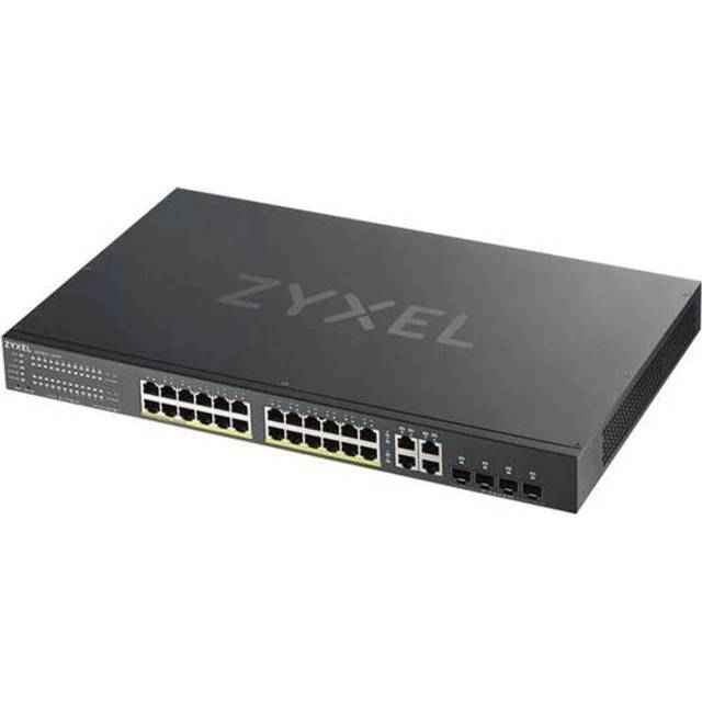 GS1920-24HPv2, 28 Port Smart Managed PoE Switch 24x Gigabit Copper PoE and 4x Gigabit dual pers., hybrid mode, standalone or NebulaFlex Cloud, 375 Watt PoE