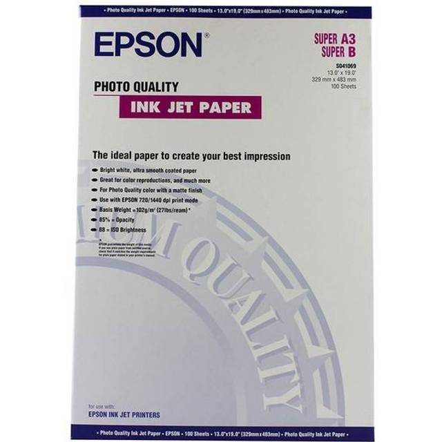 Epson C13S041069 Original Epson S041069 Photo Quality Matte Inkjet Paper, A3+ Size, 13" x 19", 100 Sheets