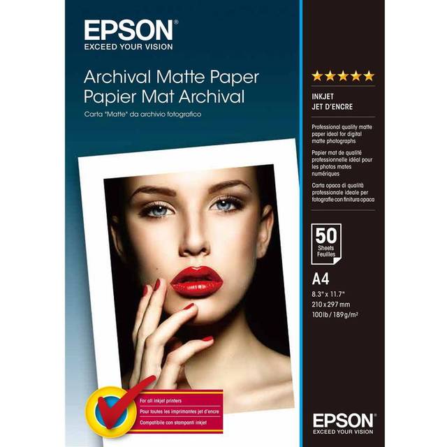 Epson (A4) 189g/m2 Archival Matte Paper (White) 1 Pack of 50 Sheets
