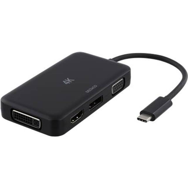 DELTACO USB-C till HDMI/DP/DVI/VGA-adapter, 4K, DP Alt Mode, svart