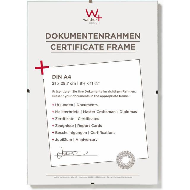 walther design tavelram antireflexglas 21 x 29,7 cm (DIN A4) dokumentram ramlös bildhållare RB130A
