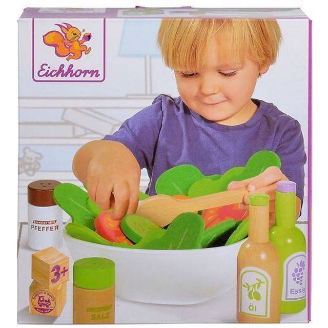 100003738 Salad Set with Vegetables, Salt and Pepper Shakers, Vinegar and Oil Bottle, Bowl, 28 Pieces, Oak Wood, Plywood, Multicoloured