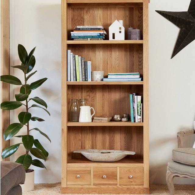Baumhaus Mobel Oak Large 3 Drawer Bookcase, Brown