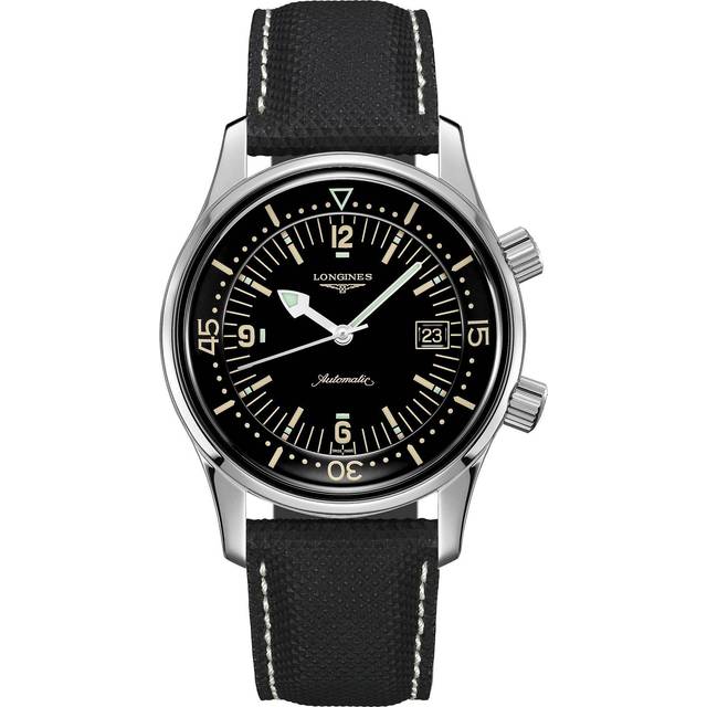 Longines Legend Diver Leather Strap Black Dial Automatic L3.774.4.50.0 300M Men's Watch black