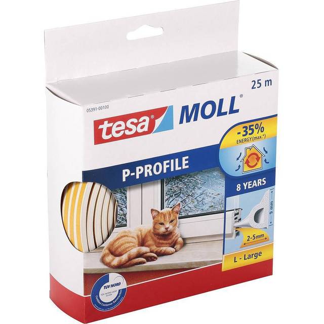 tesamoll P-list tätningslist - Dörrlist & Fönsterlist för tätning av 2-5 mm stora springor mellan karm och fönster eller dörr - Vit - 25 m x 9 mm x 5,5 mm