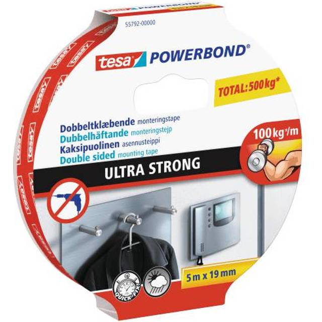 tesa Powerbond ULTRA STRONG - Dubbelsidig, extra stark monteringstejp för permanent fastsättning utomhus och inomhus - 5 m