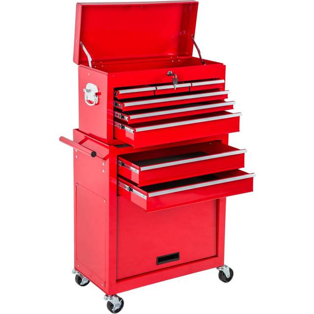 Tectake - Tool Box - with wheels, 8 drawers, folding compartment, carry box attachment - tool box, tool box on wheels, tool cabinet - red