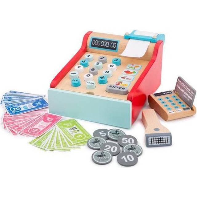 10650 Wooden Cash Register Set Pretend Play Kids Cooking Simulation Educational Color Perception Toy for Preschool Age Toddlers Boys Girls, Red