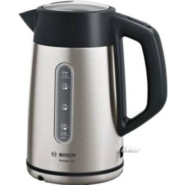 Bosch DesignLine TWK4P440, hälla utan stänk, koppdisplay, vattennivåindikator, överhettningsskydd, 1,7 L, 2400 W, rostfritt stål/svart