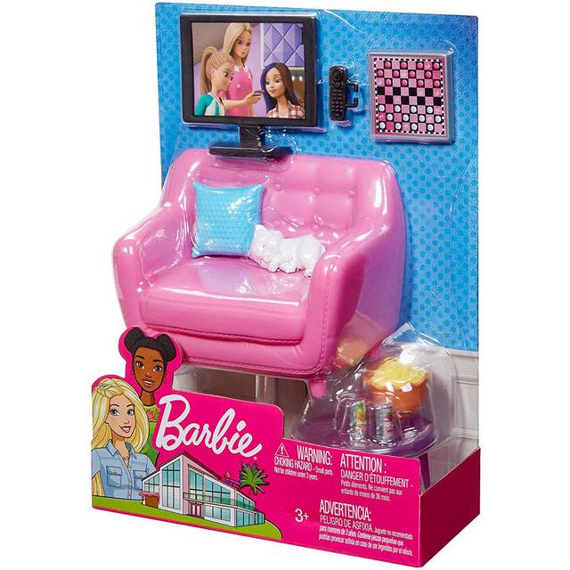 Barbie FXG36 - Barbie-tillbehör med inomhusmöbler, vardagsrumssetet innehåller en kattunge, möbler och tillbehör för film- och spelkvällar