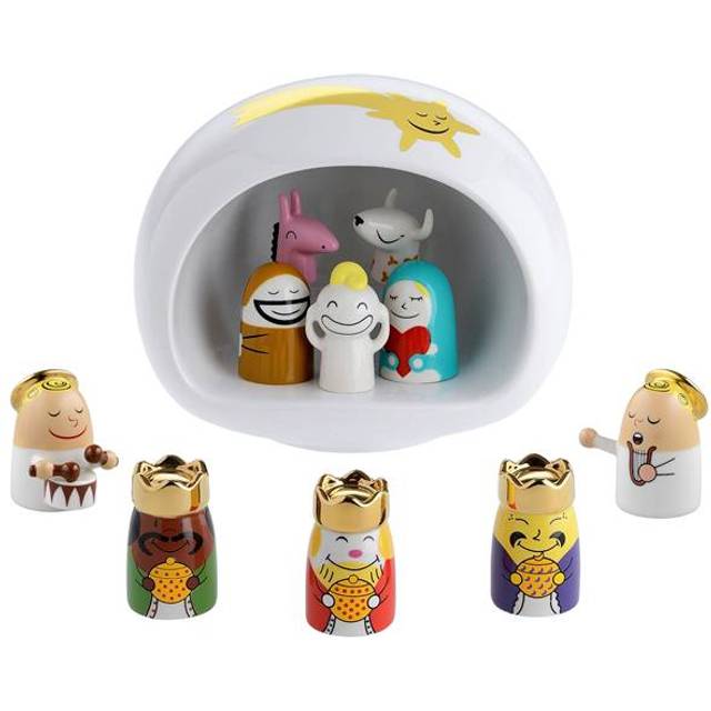 Alessi AMGI10SET Hand Decorated Design Nativity Scene with Cave and Figurine, Porcelain, White, Set of 10