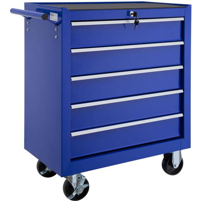Tectake - Tool Box - with wheels, 5 drawers, central locking system - tool box, tool box on wheels, tool cabinet - blue