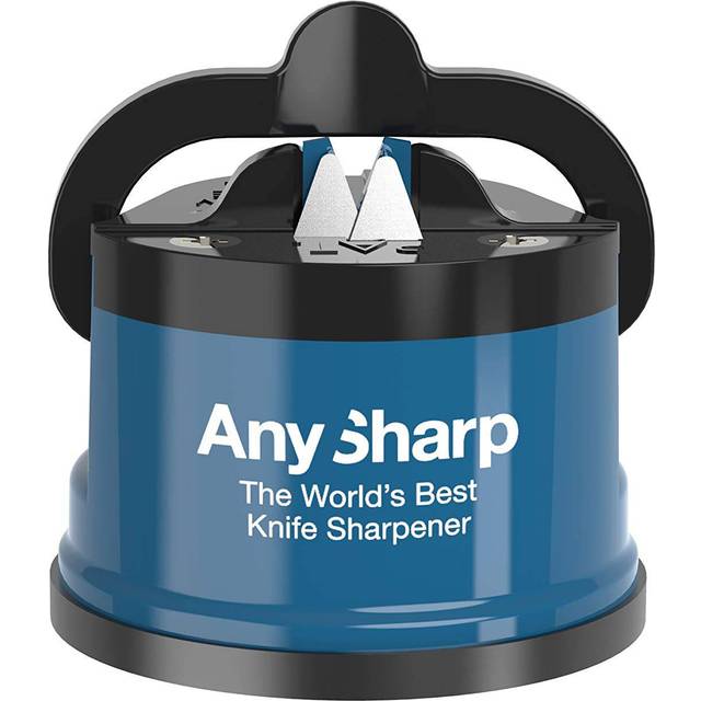 AnySharp Knivslipare, Hands-Free Säkerhet, PowerGrip Sugkopp, Säkert vässar alla köksknivar, Idealisk för härdat stål & tandade, Kompakt, Blå