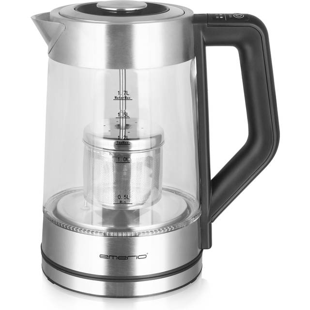 Emerio Tekokare i glas med temperaturval [50|70|80|90|100°C], WK-122730, vattenkokare, manuell tesil av rostfritt stål, kan tas bort borosilikatglas, BPA-fritt, 1,7 l volym, 2200 watt