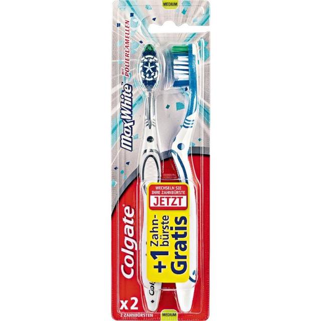 Colgate tandborste Max White, medium, 2 stycken – handtandborste för naturliga vita tänder, med medelhårda borst